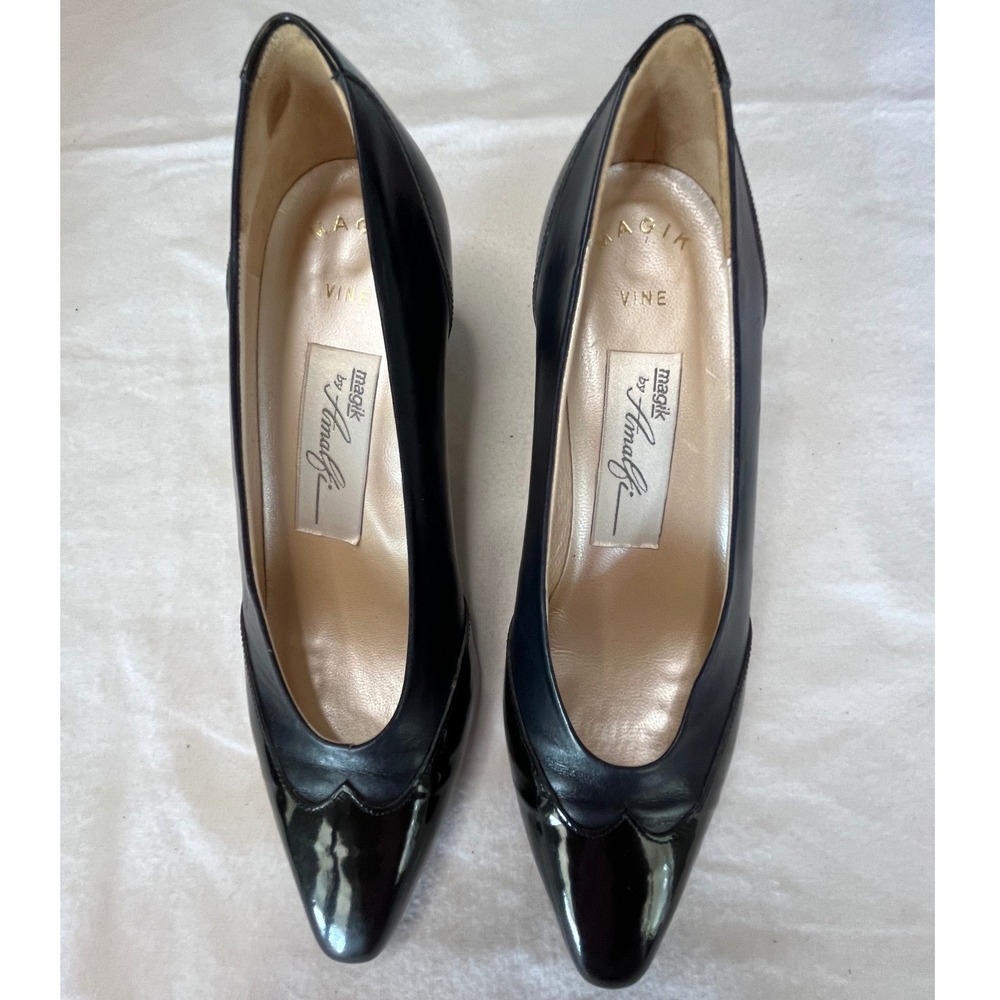 Magik by Amalfi Navy Black Patent Leather Pointed Toe Pumps Made in Italy 5.5 B